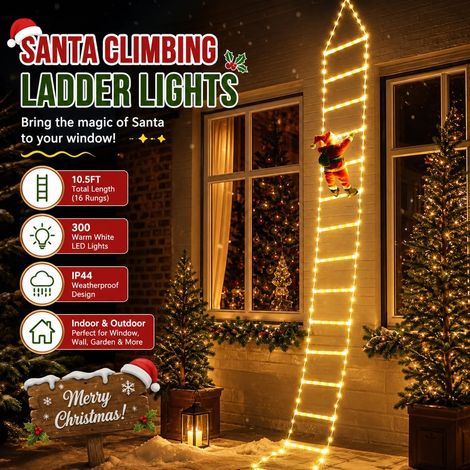 Farol decorativo que representa a Papá Noel subiendo una escalera (1,6 metros, blanco cálido). (1/5)