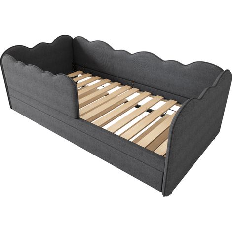 Cama de día tapizada con cama nido 90 x 190 cm en lino gris con somier de láminas (1/5)