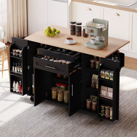 Mobile cucina 136x70x92 cm, piano estraibile, cassetti nascosti, ripiani regolabili, MDF nero naturale (1/5)
