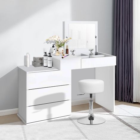ML-Design Schminktisch mit Hocker und Spiegel, Frisiertisch mit 4 Schubladen und 4 Fächern, Weiß, 117,5x78x45 cm, modern, Kosmetiktisch für Damen & Mädchen, Schminkkommode Frisierkommode aus MDF Holz (1/5)