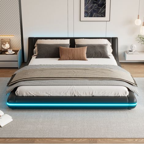Cama doble para adultos 160x200 cm de PU negro con LED, sin colchón FloraGrace (1/5)