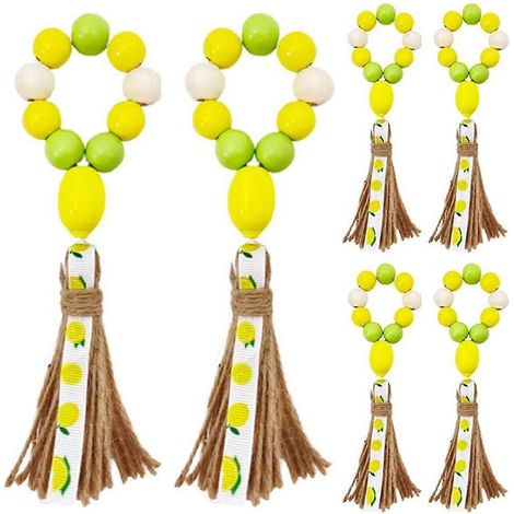 Lot de 6 ronds de serviette en perles de bois à motif citron, style bohème et champêtre. (1/5)