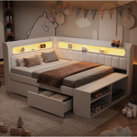 Lit de jour rembourré MDF et contreplaqué blanc 90x200 cm avec USB, LED, 2 tiroirs et rangement chaussures (1/5)