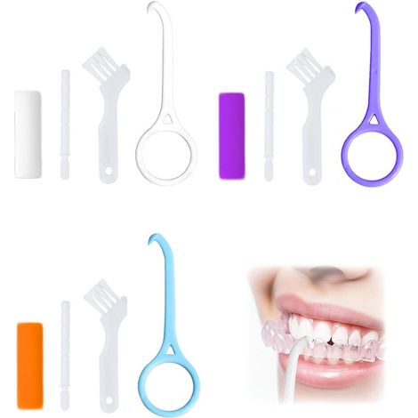 Outil de Retrait d'Aligner Invisible 3 Pièces,Crochet Dentaire pour Gouttières Dentaires,Aligneurs - Kit de Nettoyage et Enlèvement Sécuritaire pour Soins Bucco-Dentaires(Blanc, violet, bleu) (1/5)
