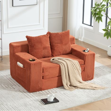 Sofá puf 151x133x64 cm 2 plazas con bolsillos laterales y 2 cojines, pana para salón - naranja (1/5)