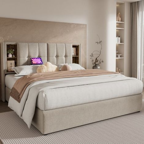 Lit rembourré 140x200 en lin naturel — sommier à lattes, rangement coffre et chargeur sans fil USB‑C (sans matelas) (1/5)