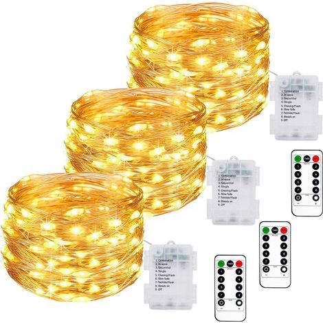 [Set di 3] Luci a stringa a batteria, 10 m, 100 LED, luci a stringa a batteria con telecomando, 8 modalità, funzione timer, impermeabili IP65, luci a stringa per decorazioni interne ed esterne, camera (1/5)