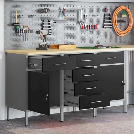 Werkbank mit Schubladen 3 pcs Schwarz und Grau 150 x 55 x 85 cm
