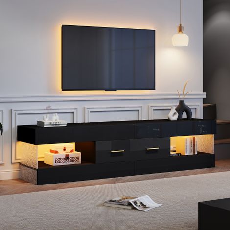 Modernluxe - Meuble TV avec éclairage LED 152x35x40 cm - 2 tiroirs et rangements ouverts - Plateau en verre acrylique - Noir (1/5)