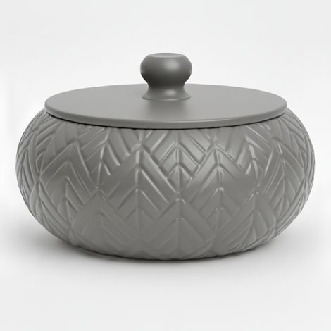 Caja organizadora de joyas gris con tapa decorativa para tocador.
