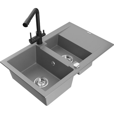 Mexen Gaspar 1,5-Becken-Granitspüle mit Abtropffläche und Mischbatterie Duero, Grau - 6507-71-671600