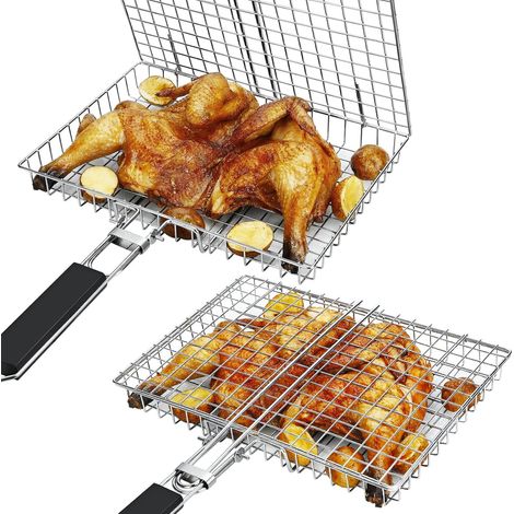 Srvillg Lot de 2 paniers de grillage, panier de barbecue en acier inoxydable antirouille pour viande, steak, etc.  cadeaux de grillade pour hommes et papas