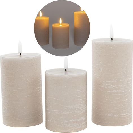 Lot de 3 bougies LED, diamètre 7,5 cm, bougies à flamme vacillante avec télécommande, GRIS TAUPE, 15 cm + 12,5 cm + 10 cm de hauteur, bougies LED