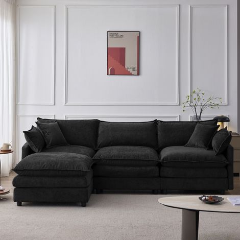 Divano angolare modulare 3 posti con chaise longue e pouf in ciniglia nera 267x154x85 cm OKWISH (1/5)