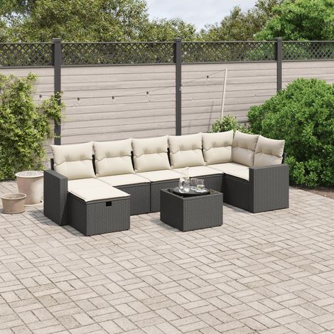 Ensemble de Jardin 8 Places en Résine Tressée Noire avec Table Verre Trempé et Coussins Crème - Salon Extérieur Modulaire (1/4)