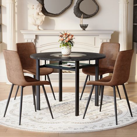 Ensemble table ronde 100 cm avec 4 chaises en tissu marron, plateau MDF effet bois noir et verre, style moderne pour salon ou salle à manger CHICFURN (1/5)