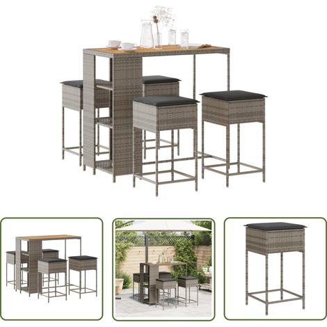 The Living Store 5-tlg. Gartenbar-Set mit Kissen Grau Poly Rattan - Gartenmöbel - Outdoor-Möbel - Gartenbar-Set - Esstisch - Barhocker (1/5)