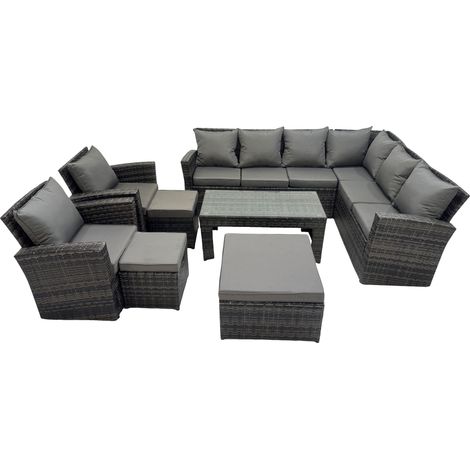 Fimous Rattan Garden Furniture Set 8 Pieces Outdoor Garden Sofa Oblong Coffee Table Set with Chair 3 Footstools Dark Grey Mixed (1/5)