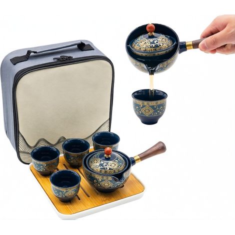 Chinesisches Gongfu-Porzellan-Teeset, tragbare Teekanne mit 360° drehbarem Teesieb, All-in-One-Geschenktasche für Reisen, Geschenke, Zuhause, Outdoor-Aktivitäten und Büro (Blumenblau) (1/5)