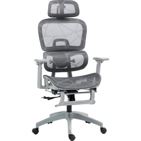 Chaise de bureau ergonomique avec revêtement en tissu mesh, réglable, mobile, avec accoudoirs et appui-tête, grise (1/5)