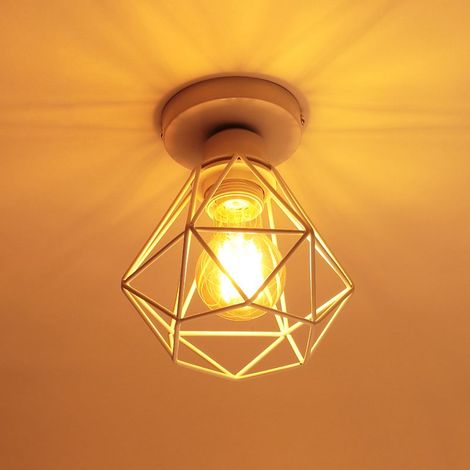Plafonnier en Métal Cage Diamant E27 Rétro Industrielle Lustre Suspension pour Couloir Escalier Chambre Blanc (1/5)