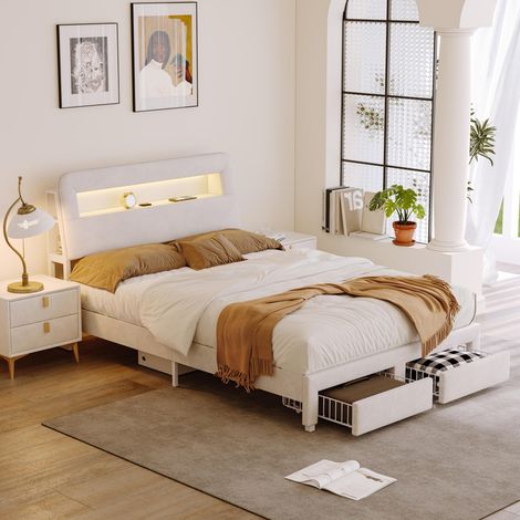 Lit Adulte 160x200 cm, Lit Double 160x200 cm avec LED et USB, Lit de rangement avec Tête de Lit Rembourrée (1/5)