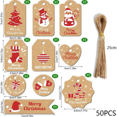 Étiquettes cadeaux Noël kraft 50 pièces + ficelle chanvre nature S891 (1/2)