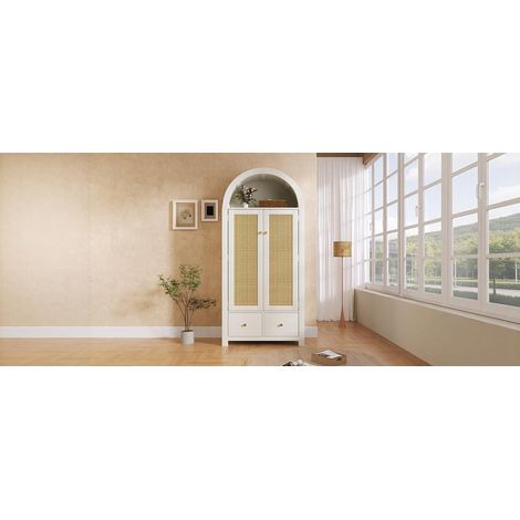 Armoire blanche en MDF avec cannage, 2 portes magnétiques, 2 tiroirs, tringle et dispositif anti-basculement pour chambre et salon (1/5)