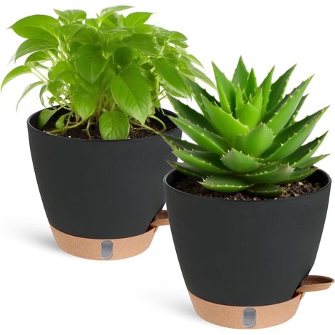 Cache-Pots en Plastique Auto-irrigants 2 pièces – Décoration intérieure 20,3×12,7×17,8 cm avec indicateur d'eau et réservoir – Idéal pour Jardin et Balcon (Noir-Marron) (1/5)