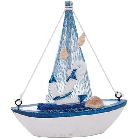 Maquette de voilier en bois avec filet de pêche, ancre et coquillage - Décoration nautique et maritime - Ornement pour la maison ou la table (1/5)