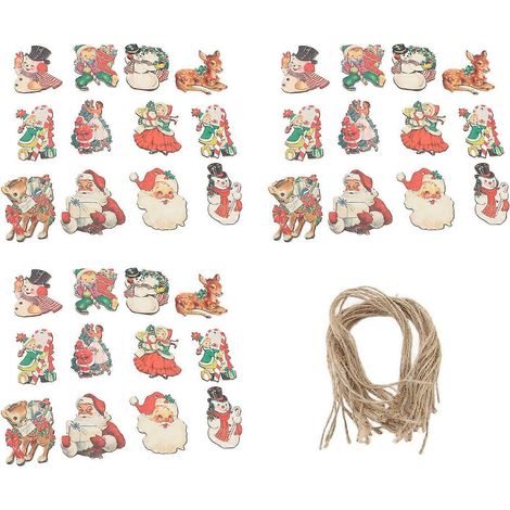 36-teiliges Set Weihnachtsbaumschmuck aus Holz: Niedliche Schneemänner und Hirsche zum Aufhängen, mit Hanfseilen für Holi