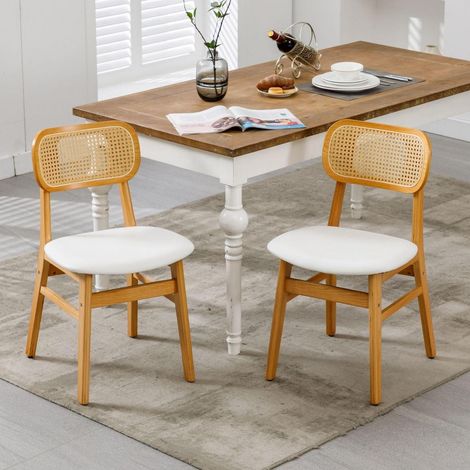 Esszimmerstühle 2er Set PU Leder mit Rattan Rückenlehne und Massivholzbeinen, Weiß (1/5)