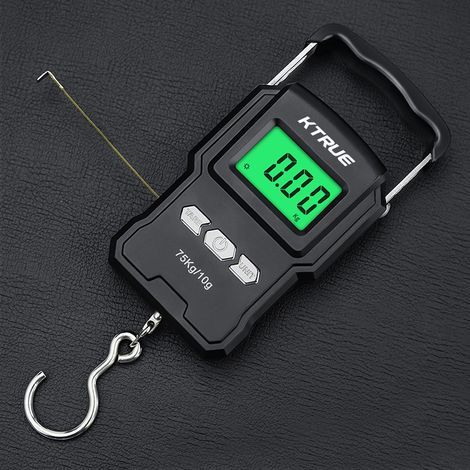 Balanza electrónica portátil, báscula digital para peces de 75 kg (165 lb) con pantalla LCD retroiluminada, gancho para colgar con cinta métrica, bolsa de transporte y 2 pilas AAA. (1/5)