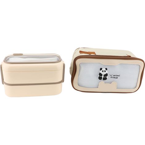 2-lagige Lunchbox mit 1400 ml Fassungsvermögen, Innenschale aus PP-Edelstahl, mikrowellengeeigneter Behälter mit Besteck und Tasche, cremeweiß. (1/5)