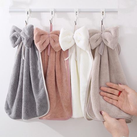 Lot de 5 serviettes à suspendre, nœud papillon, microfibre corail avec boucle, ultra douces et absorbantes pour cuisine, salle de bain, enfants et adultes. (1/5)