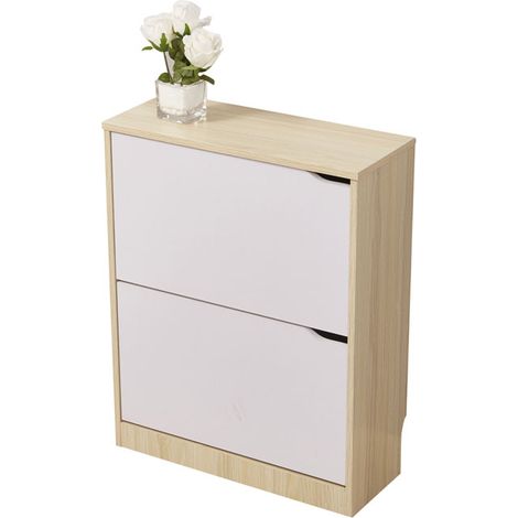 Hobag – Meuble à chaussures blanc/chêne 8 à 12 paires – 2 portes abattantes – Dimensions L.60 x H.76 x P.24 cm – Panneaux de particules