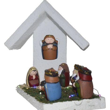 Capanna completa con natività pastori prato luci stella cometa moderna in legno sacra famiglia decorazioni casa albero di natale - decoro: Capanna con solo luci e stella (1/5)