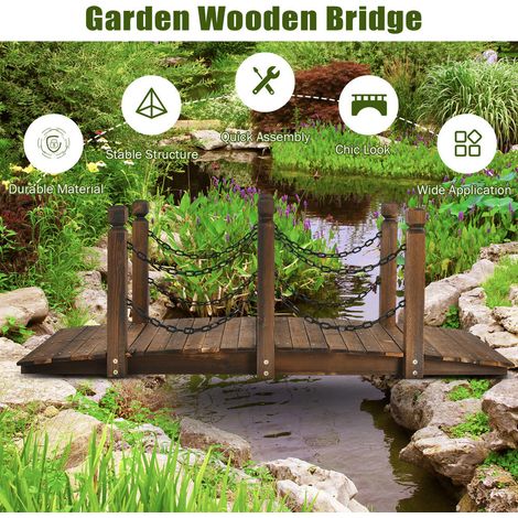 Pont de Jardin en Bois Massif en Arc 150 cm Passerelle Extérieure avec Chaîne Sécurisée pour Bassin Ruisseau 180kg (1/5)