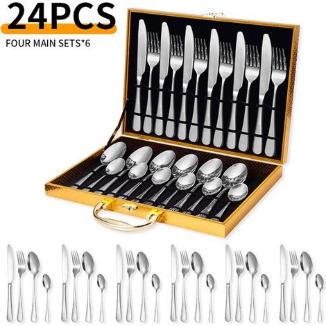 Service de table 24 pièces en acier inoxydable - Service de table - Service de couverts - Service de table pour 6 personnes - Avec boîte de rangement - Acier inoxydable - Argent (1/5)
