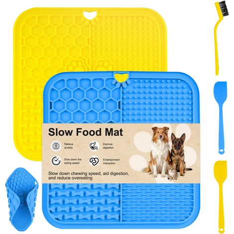 2 Pcs Tapis de Leche Chien Chat, 20 x 20 cm Tapis de Lèche Chiens, Tapis de Léchage Chien Chat Animaux de Compagnie avec Ventouses, sans BPA, pour Bain, Entraînement, Toilettage, avec Spatule/Pinceau (1/5)