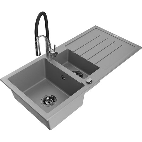 Mexen Andres lavello in granito 1,5 vasche con sgocciolatoio e miscelatore cucina Aster, grigio - 6515-71-73450-07-B (1/5)