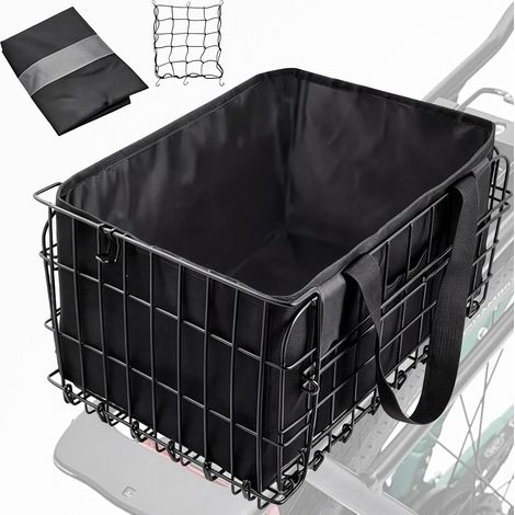 Panier de Vélo Pliable Arrière, Noir Panier Arrière en Métal avec Sac Intérieur en Nylon et Housse Imperméable pour Transport de Chiens, d'animaux de Compagnie, Fruits et de Nourriture (1/5)