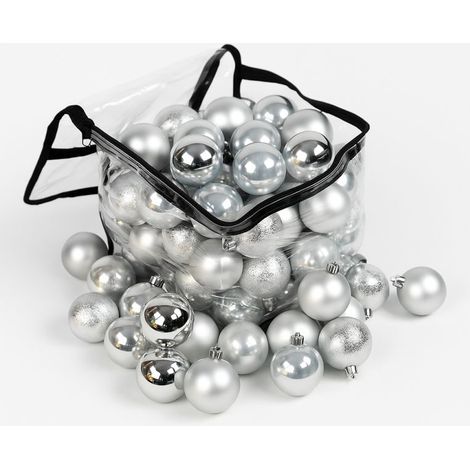 Lot de 60 boules de Noël 6cm Argentées (15 brillantes,15 mates,15 texturées,15 opalines) avec sac de rangement (1/5)