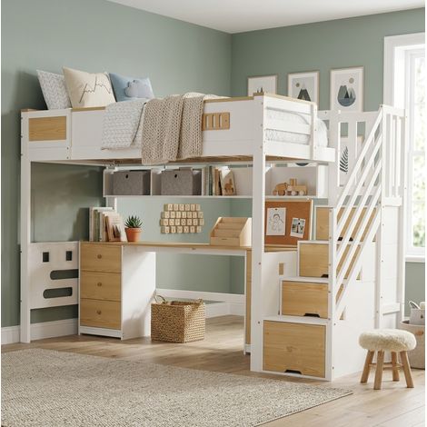 Cama alta 90x200 cm blanca y madera con escritorio, cajones y escalera con almacenaje (1/5)