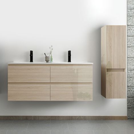 Acezanble ensemble meuble salle de bain 120 cm Chêne Wotan brillant avec 4 tiroirs à fermeture automatique, double lavabo céramique + colonne, suspendu (1/5)