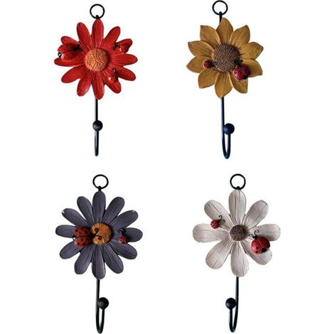 Lot de 4 crochets muraux en résine motif fleurs, style champêtre pour décoration murale (1/4)