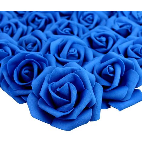 QAZQA Lot 50pcs Fleurs Mousse Rose Artificielle Tête Mariée Bouquet Décoration Mariage Partie - bleu royal, 6-7cmx 3.5cm