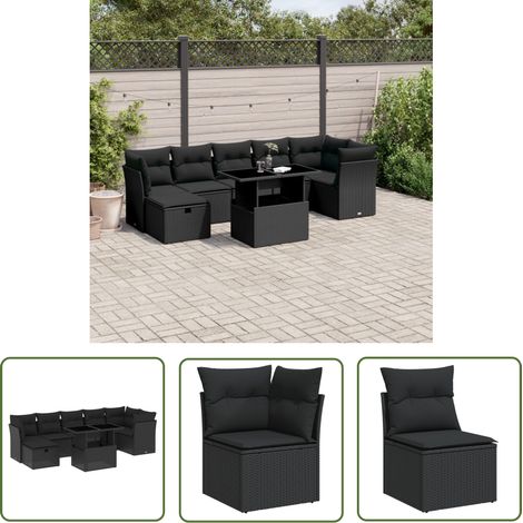 The Living Store Salon de jardin 8 pcs avec coussins noir résine tressée - Ensemble Salon De Jardin - Mobilier De Jardin - Salon Extérieur - Table Basse Extensible - Chaise Lounge (1/5)