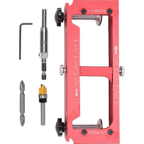 Dima per cerniere per porte, kit di dime per fresatrice in lega di alluminio, dima per mortase regolabile per cerniere da 2,5" a 5", raggio di 1/4", raggio di 5/8" e angoli squadrati. (1/5)