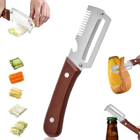 Pelador de 3 piezas, pelador de patatas de acero inoxidable con mango de plástico, pelador de verduras multifuncional 2 en 1 y abridor botellas (1/5)
